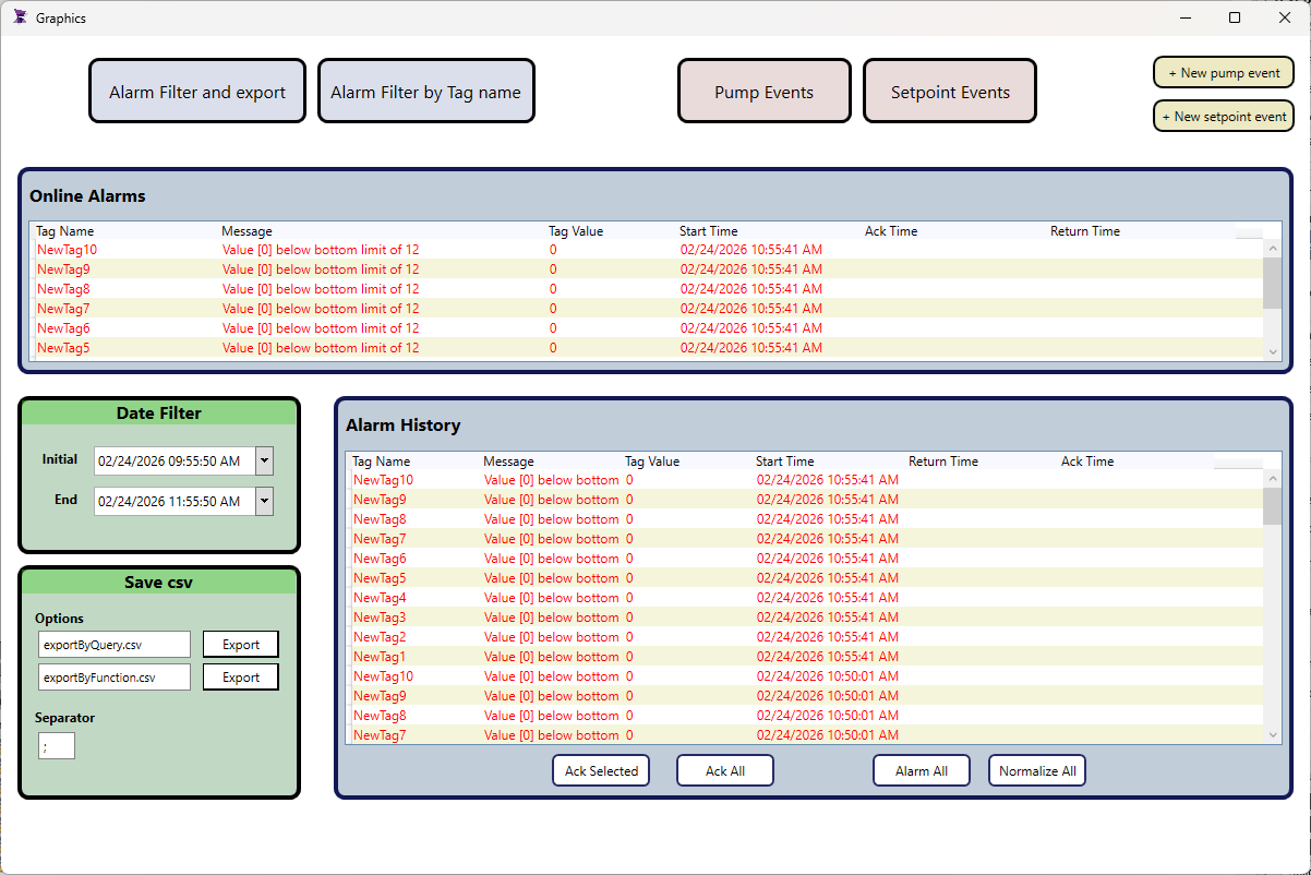 Alarm&Event History Demo — ADISRA SmartView screen