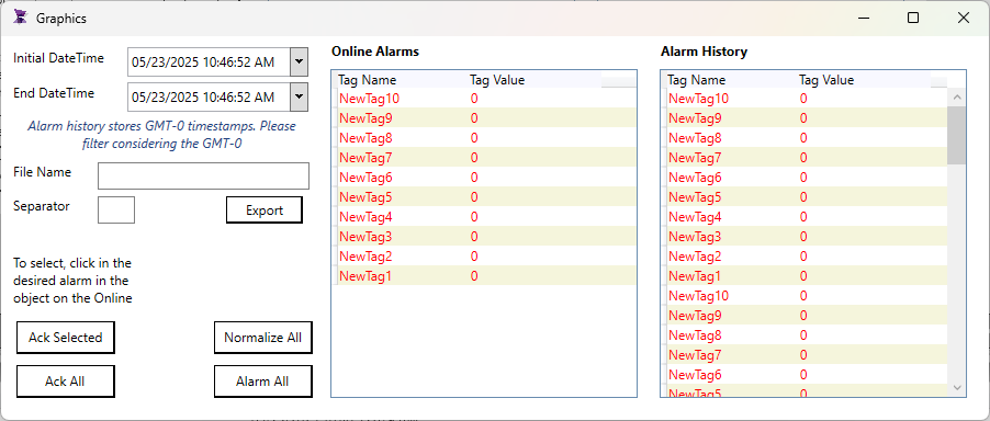 Alarm History Export Demo — ADISRA SmartView screen