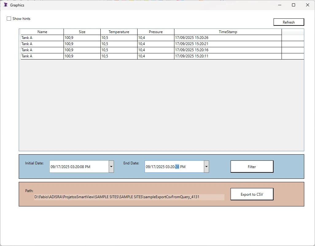 Get database records and export to csv — ADISRA SmartView screen
