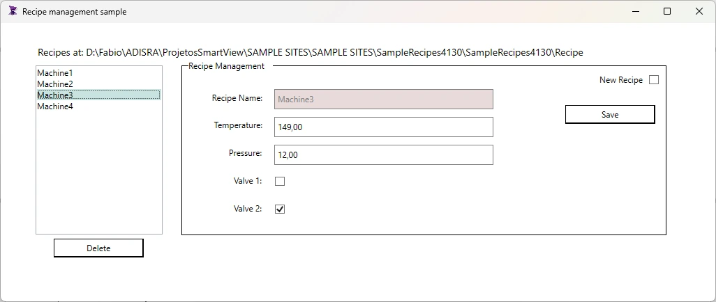 Recipe Management Sample — ADISRA SmartView screen