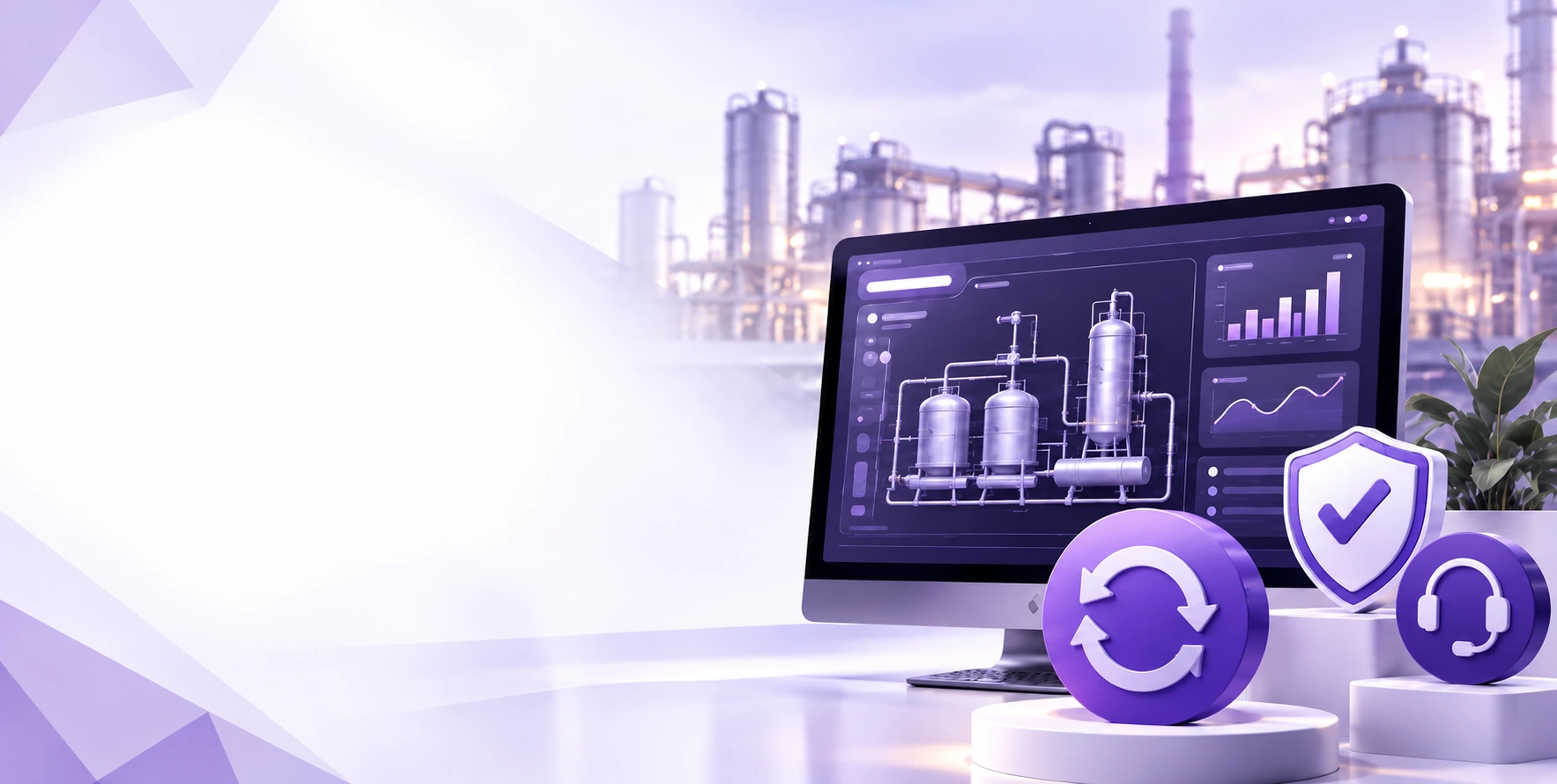 Industrial monitoring screen with software updates, protection, and support symbols
