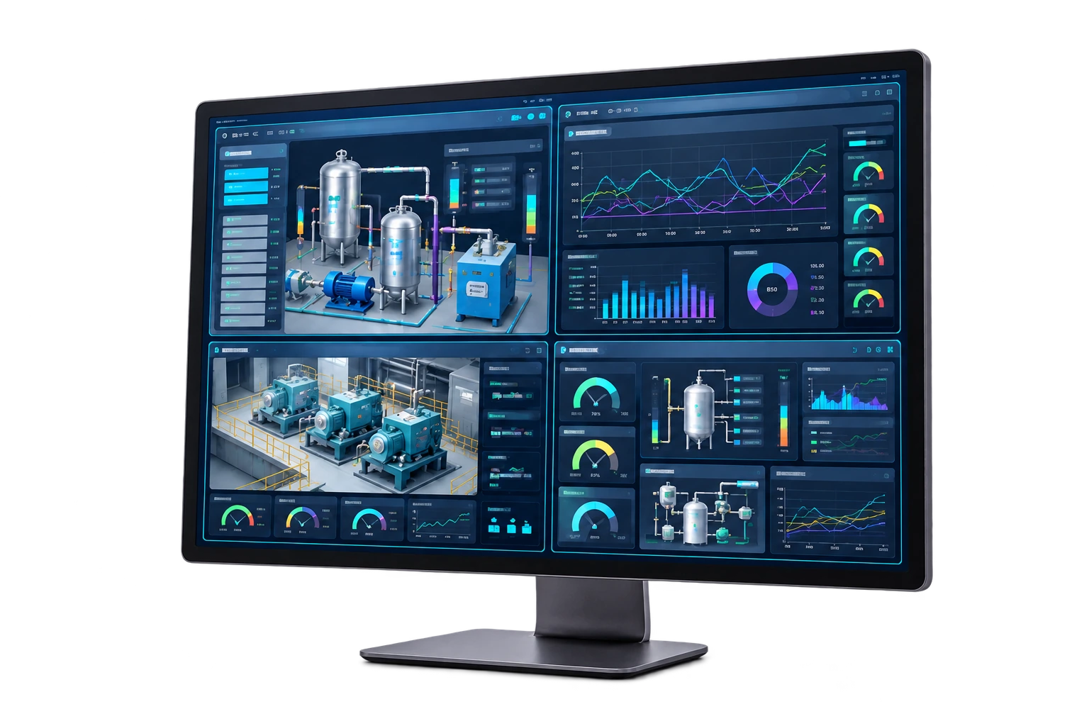 ADISRA SmartView industrial dashboards on a desktop monitor