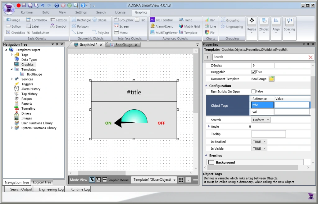 The property grid allows configuring the object tags previously created inside the template document.